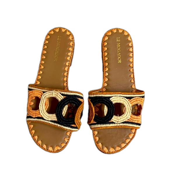 NEW Le Mogador Ortigia Sandal Nude Cognac Neutral Raffia Round Toe Flat Slide 36 - Picture 1 of 6